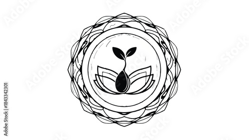 Symbol of growth and knowledge with a sprouting plant emerging from an open book within a decorative circular frame.