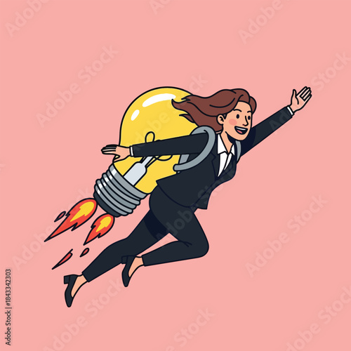 Businesswoman flying with lightbulb rocket pack symbolizing innovation success and bright ideas.