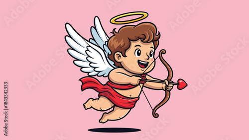 Adorable cartoon Cupid character with wings halo bow and hearttipped arrow.