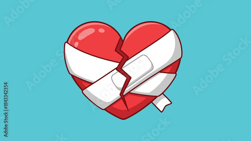 Cartoon broken red heart wrapped in white bandages symbolizing healing and emotional recovery.