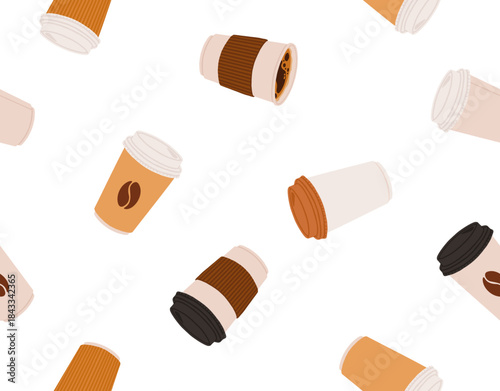 Coffee cups seamless pattern. Endless background, texture design with latte, cappuccino, hot caffeine drinks. Repeating print with cafe beverages. Flat vector illustration for decor, package, textile