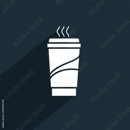 Modern minimalist flat design icon of a steaming hot beverage in a disposable takeaway cup, symbolizing warmth, convenience, and daily coffee or tea rituals for digital and print media