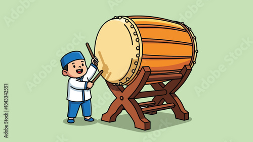 Cartoon Muslim Boy Playing Large Traditional Bedug Drum.