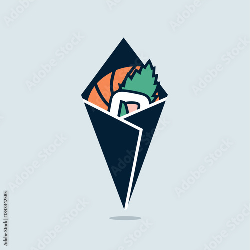 A delightful, stylized illustration of a temaki sushi roll, presented in a dark cone, evoking a minimalist and modern culinary aesthetic