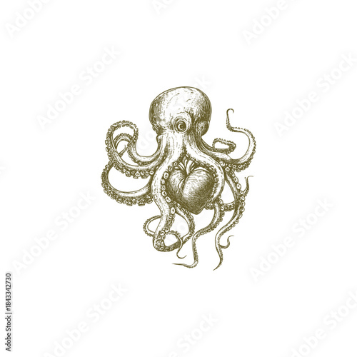vintage engraving style illustration of an octopus holding an anatomical human heart in its tentacles