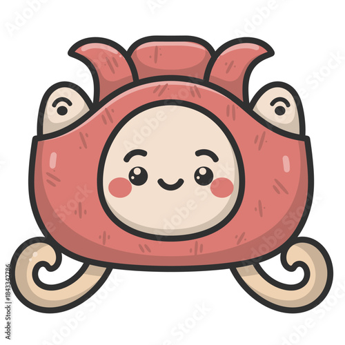 Cute cartoon character with rosy cheeks and eyes, resembling a stylized flower or mushroom, with delicate swirls for legs