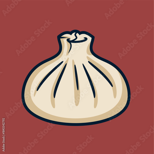 A stylized illustration of a single, plump, steamed dumpling on a deep red background