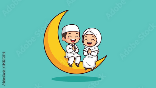 Cute Muslim Children Cartoon Sitting on Crescent Moon Illustration.