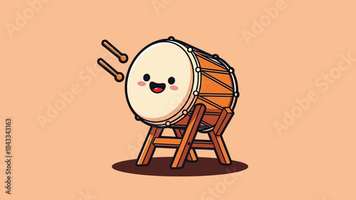 Cute smiling cartoon traditional wooden drum with drumsticks.