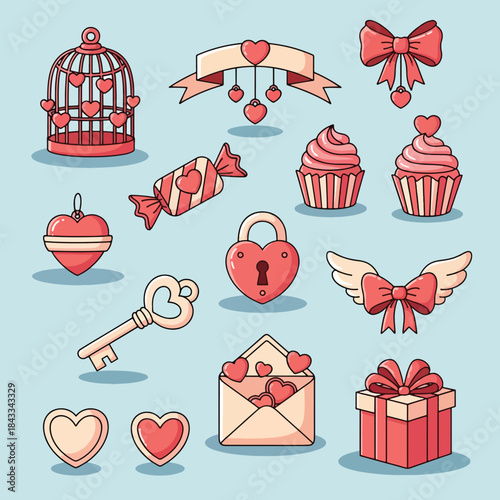 Cute Valentines Day Objects Collection Illustration.