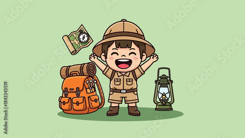 Happy cartoon boy explorer with safari hat backpack map and lantern.