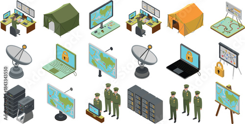 Military command center icons illustrating communication systems, tactical planning, cyber security, field operations, satellite technology, digital maps, and strategic defense infrastructure tools