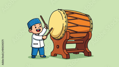 Happy cartoon Muslim boy playing a large traditional bedug drum with drumsticks.