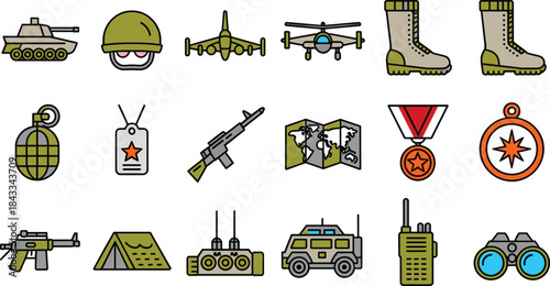 Military Equipment Icons Set, Army Gear Symbols, War Vehicle and Weaponry Collection for Design Projects