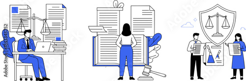 Legal profession illustration, law practice, justice advocacy, legal education, black and white vector, modern courtroom and protection concept