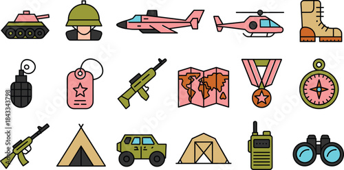 Military Equipment Icons Set, Army Gear Symbols, War Vehicle and Weaponry Collection for Design Projects