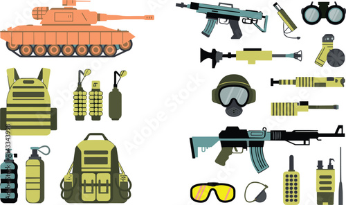 Military equipment illustration, modern armored vehicle, tactical gear, firearms icons, combat accessories, survival tools, army supplies, defense graphic set