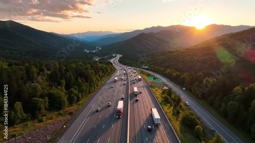 Aerial view of a highway with cars and trucks at sunset in the mountains.