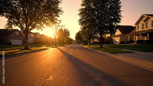 Serene suburban street at sunset with trees and houses