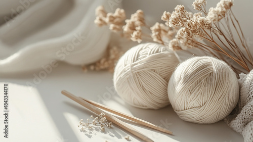 Soft yarn balls with needles and flowers generated.AI
