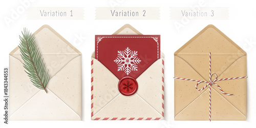 Realistic Christmas Envelopes, Cream Kraft White Festive Greeting Cards, Semi-Realistic Vector Illustration
