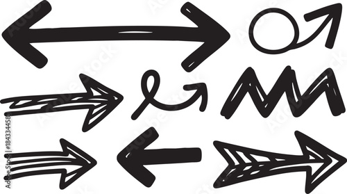 A collection of various hand-drawn black doodle arrows and directional symbols on a white background, illustrating different styles.