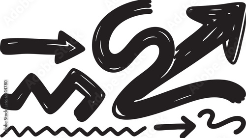 A collection of hand-drawn black arrows and various doodle lines, including zigzags, curves, and straight pointers, on a white background, perfect for graphic design elements.