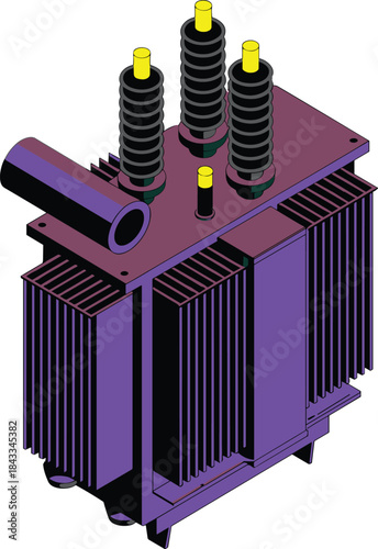 Purple electrical transformer with cooling fins and high-voltage insulators, industrial power distribution equipment illustration.