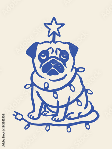 Pug dog in Christmas lights doodle outline vector illustration
