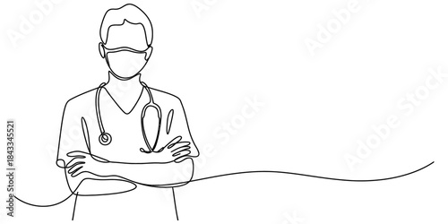 A minimalist single continuous line drawing of a doctor or healthcare worker wearing a mask Vector, illustration