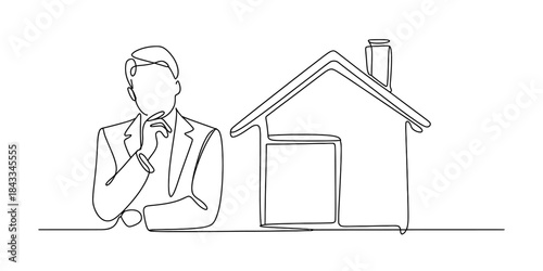 Minimalist continuous line drawing of a businessman in a suit thinking next to a house structure Vector, illustration