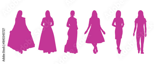 Collection of elegant women silhouettes in various fashion poses.