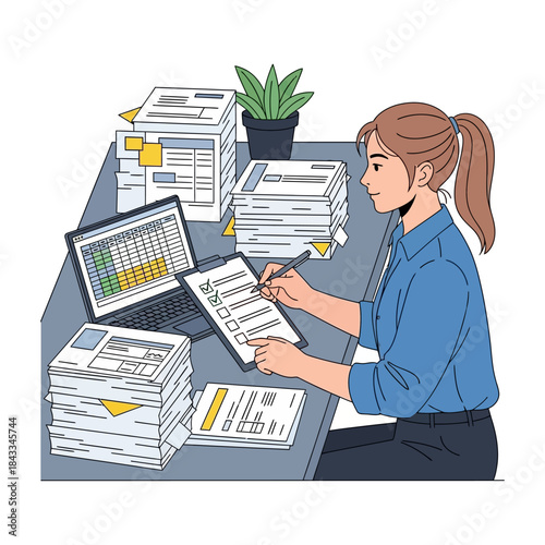 Diligent woman with ponytail checking documents at a cluttered desk with laptop and paper stacks.