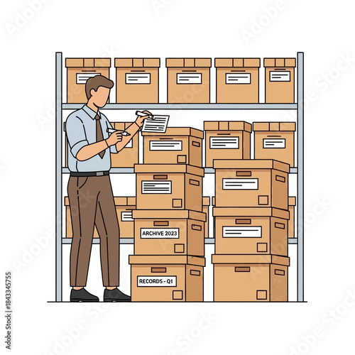 Illustrated man checking inventory of brown cardboard boxes on storage shelves.