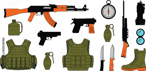 Military gear set including assault rifle, pistols, body armor, grenades, boots, knife, compass, and tactical accessories for combat readiness
