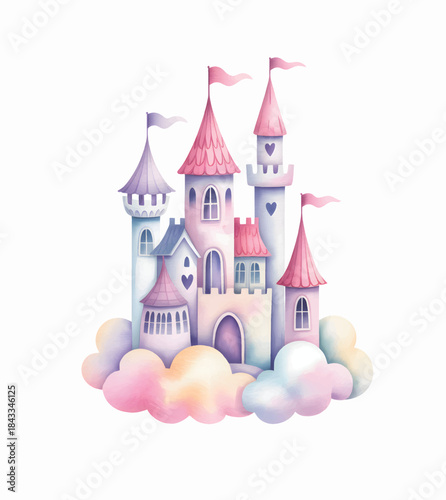 Watercolor fairy castle floating on pastel clouds for kids birthday art.