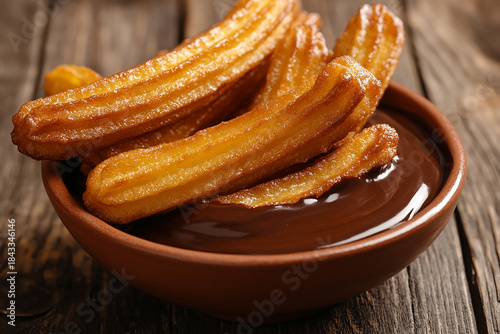 Churros dusted with sugar with chocolate dip sauce, traditional dessert generated.AI