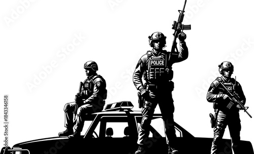 Armed police officers in tactical gear, urban law enforcement response, SWAT team readiness, public safety operation, dramatic black and white illustration, security forces action