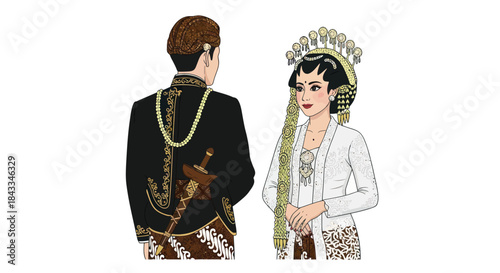 Traditional Javanese Wedding Couple Illustration in Cultural Attire.