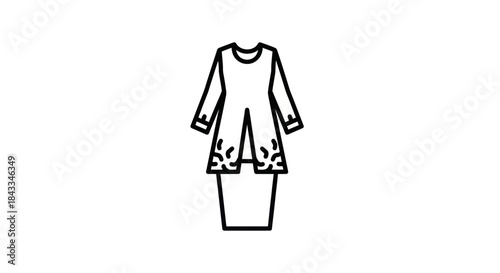 Line Art Illustration of a Traditional Baju Kurung Dress with Floral Details.