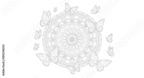 Intricate Mandala Design with Delicate Butterflies Detailed Floral Patterns and Circular Symmetry.