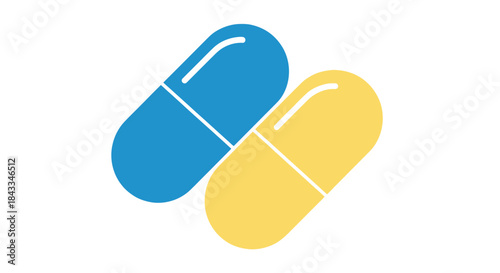Two colorful pharmaceutical capsules blue and yellow side by side.