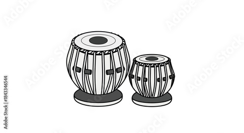 Detailed Black and White Illustration of Two Indian Tabla Drums.