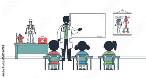 Doctor teaching children human anatomy with skeleton model and charts.