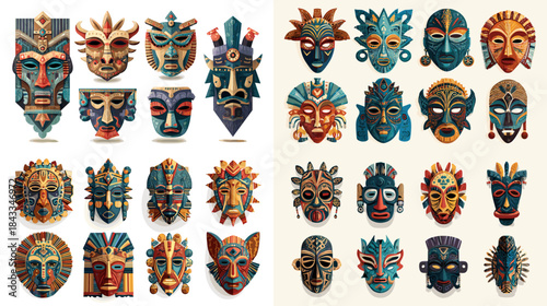 Vibrant tribal mask illustration set featuring diverse cultural designs, bold colors, carved patterns, and expressive faces, perfect for festival graphics, ethnic art, and creative decor themes.