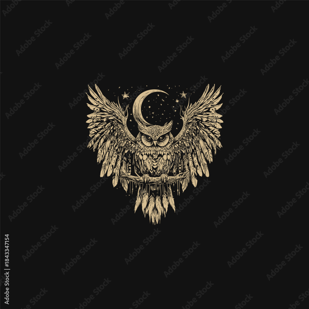 Obraz premium Mystical and detailed vintage engraving style illustration of a majestic owl perched on a branch, wings spread, beneath a crescent moon and stars