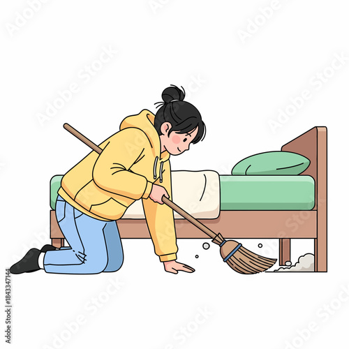 Young woman diligently sweeping dust from under the bed, demonstrating a common household cleaning chore and responsible home maintenance