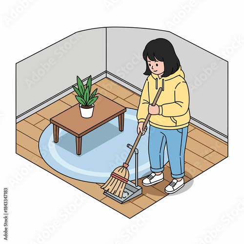 Young woman sweeping floor with broom and dustpan in a cozy room interior