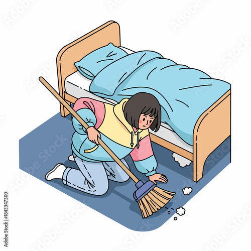 Maintaining a pristine living space a young individual cleaning thoroughly under the bed