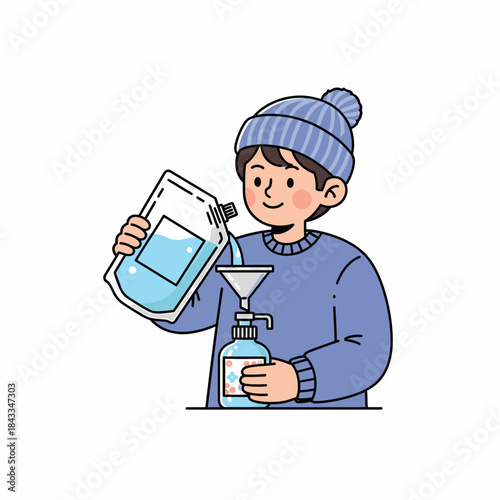 Eco-conscious person refilling pump bottle with liquid from a refill pouch using a funnel, embracing sustainable home hygiene